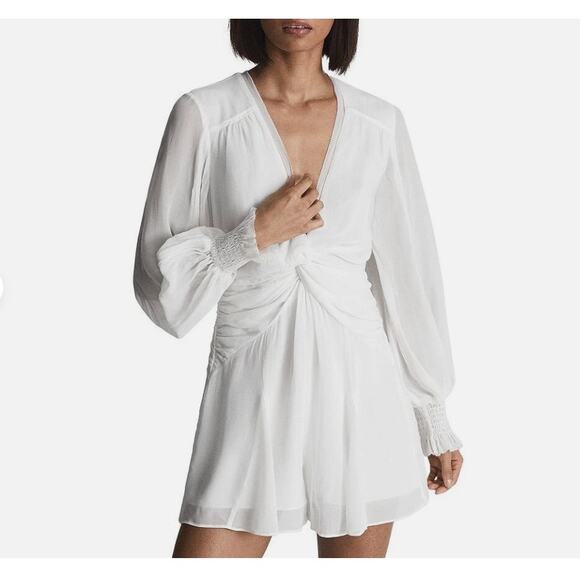 REISS Ellie Long Sleeve Open Back Romper in White US Size 2